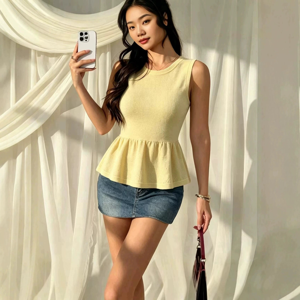 ZARA French Office Yellow Knit Sleeveless Crewneck Top Unique Versatile